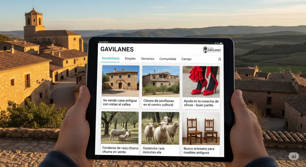 Persona sosteniendo una tableta que muestra anuncios clasificados digitales de Gavilanes, con ofertas de casas, clases y trabajos agrícolas, y un pintoresco pueblo español de fondo.