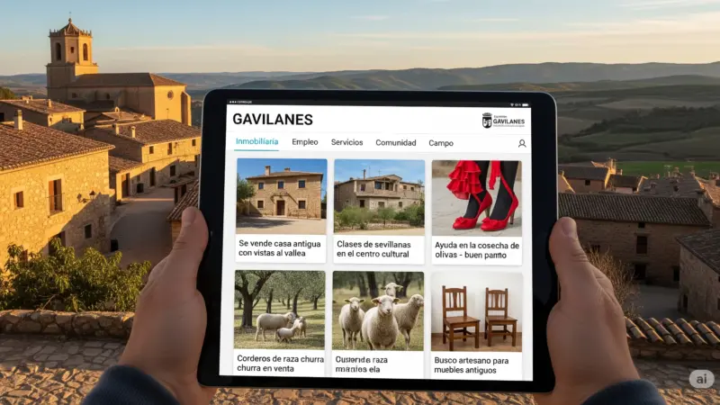 Persona sosteniendo una tableta que muestra anuncios clasificados digitales de Gavilanes, con ofertas de casas, clases y trabajos agrícolas, y un pintoresco pueblo español de fondo.