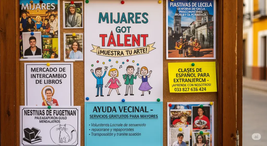 Tablón de anuncios en Mijares con carteles de talentos locales, servicios vecinales y eventos comunitarios, mostrando la actividad del pueblo.