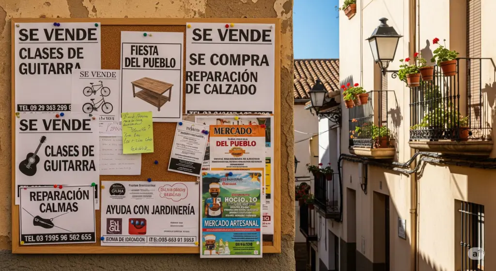 Tablón de anuncios con ofertas y demandas de compra, venta y servicios en Arenas de San Pedro, con anuncios escritos a mano y flyers