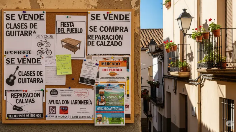 Tablón de anuncios con ofertas y demandas de compra, venta y servicios en Arenas de San Pedro, con anuncios escritos a mano y flyers
