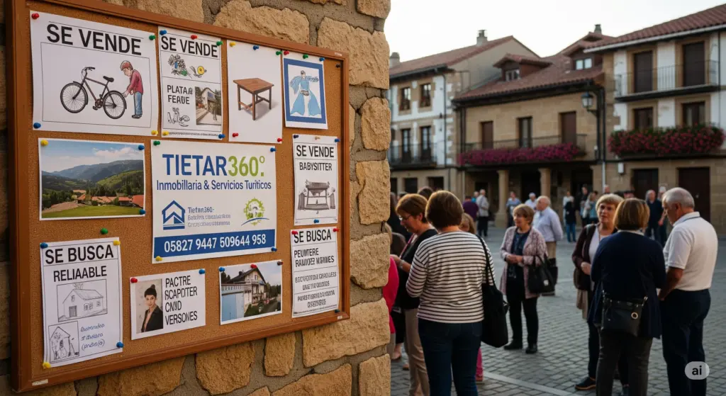 Tablón de anuncios con ofertas y demandas de compra, venta y servicios en Candeleda, con un anuncio prominente de Tietar360, y personas en la plaza del pueblo.