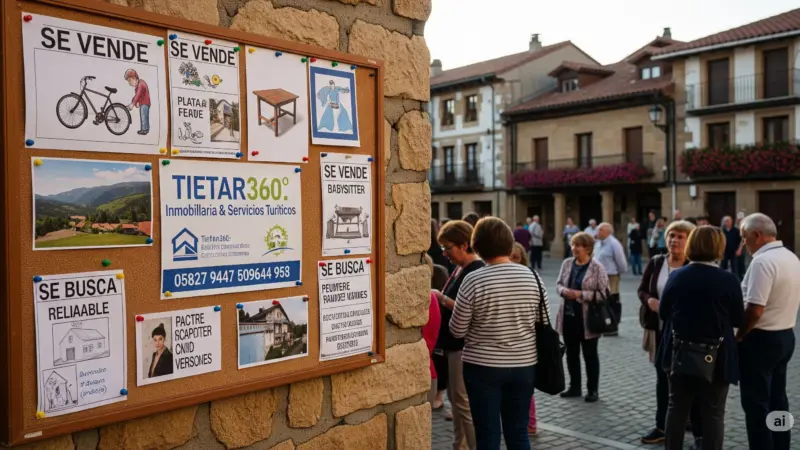 Tablón de anuncios con ofertas y demandas de compra, venta y servicios en Candeleda, con un anuncio prominente de Tietar360, y personas en la plaza del pueblo.