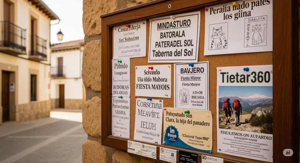 Tablón de anuncios con ofertas y demandas de compra, venta y servicios en Casavieja, con un anuncio de Tietar360, y una calle de pueblo al fondo.