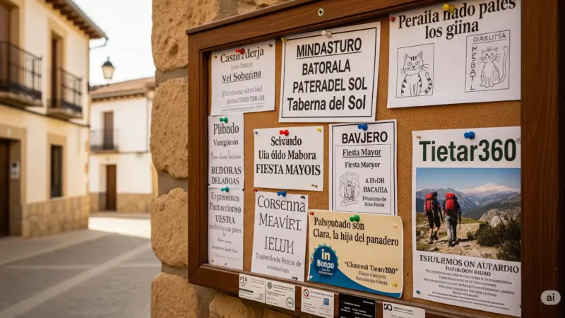 Tablón de anuncios con ofertas y demandas de compra, venta y servicios en Casavieja, con un anuncio de Tietar360, y una calle de pueblo al fondo.