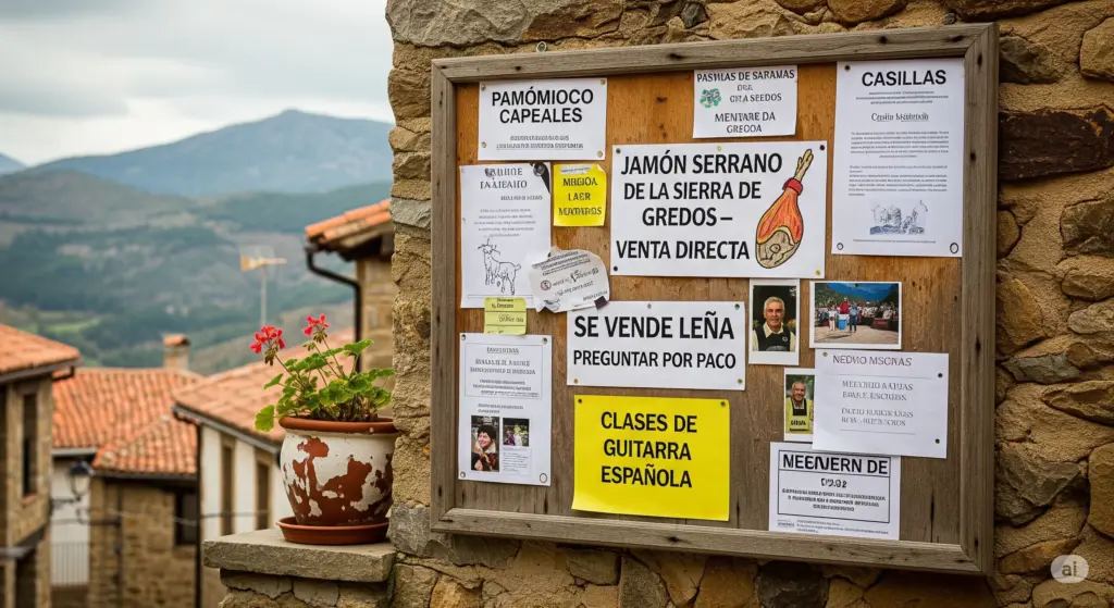 Tablón de anuncios rústico en Casillas, un pueblo de montaña español, con avisos de compra, venta y servicios locales, y montañas al fondo.