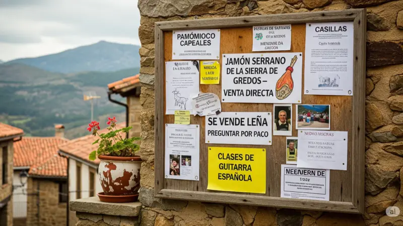 Tablón de anuncios rústico en Casillas, un pueblo de montaña español, con avisos de compra, venta y servicios locales, y montañas al fondo.