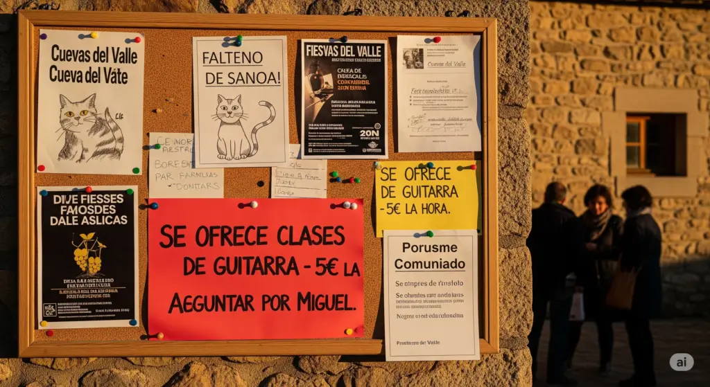 Tablón de anuncios en Cuevas del Valle, con carteles de ofertas y servicios locales, incluyendo un anuncio llamativo de clases de guitarra, y personas conversando al fondo.