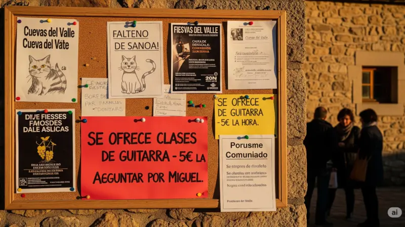 Tablón de anuncios en Cuevas del Valle, con carteles de ofertas y servicios locales, incluyendo un anuncio llamativo de clases de guitarra, y personas conversando al fondo.