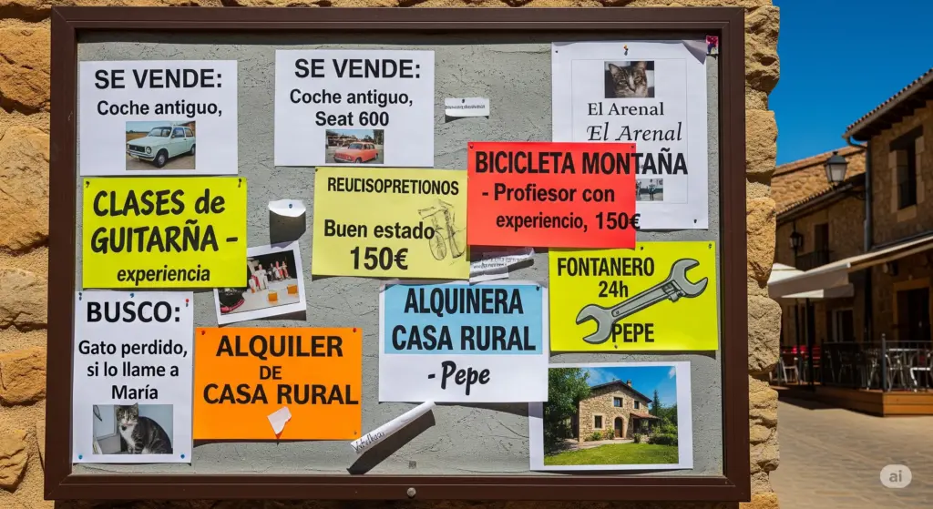 Tablón de anuncios en El Arenal, un pueblo del Valle del Tiétar, con diversos avisos de compra, venta y servicios locales, y edificios tradicionales de fondo.