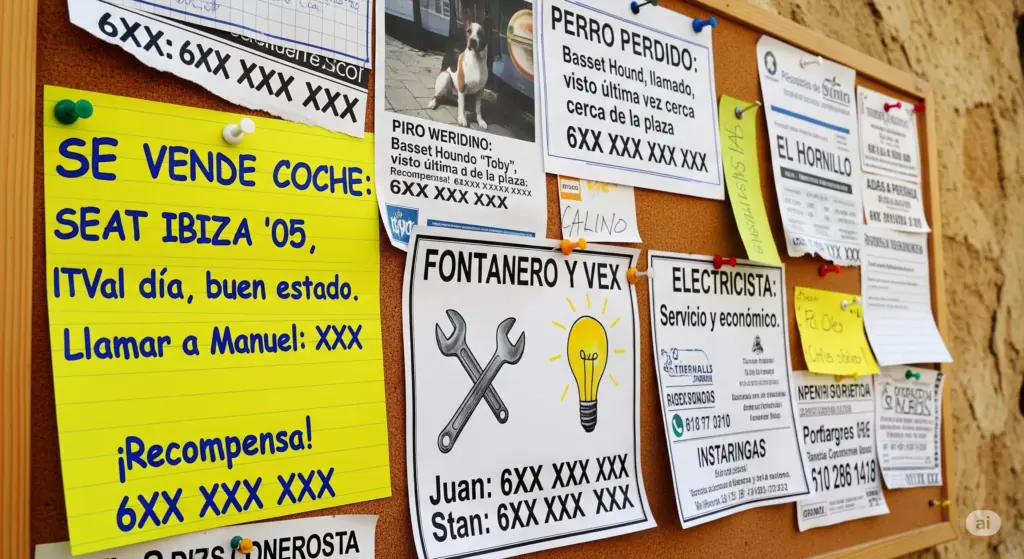 Tablón de anuncios en El Hornillo con diversos anuncios de venta de coche, perro perdido, y servicios de fontanería y electricidad, mostrando la vida local del pueblo.