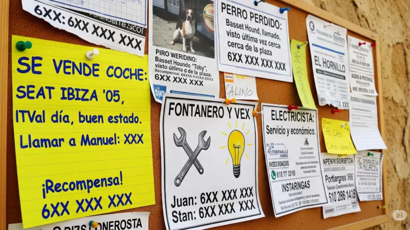 Tablón de anuncios en El Hornillo con diversos anuncios de venta de coche, perro perdido, y servicios de fontanería y electricidad, mostrando la vida local del pueblo.