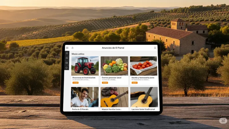 Tableta mostrando anuncios clasificados digitales de El Parral, con ofertas de productos agrícolas y servicios, sobre una mesa de madera rústica y un paisaje rural con viñedos al fondo.