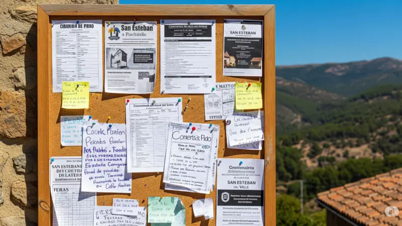 Tablón de anuncios en San Esteban del Valle, un pueblo entre montañas, con múltiples avisos y comunicados locales, y el paisaje montañoso al fondo