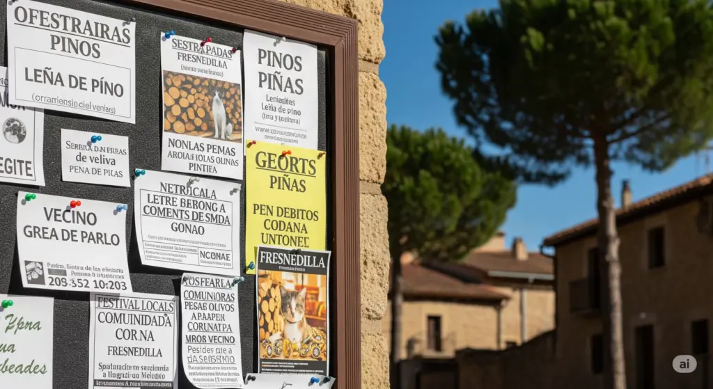 Tablón de anuncios en Fresnedilla con carteles de ofertas y necesidades locales, incluyendo referencias a pinos y vecinos, con casas y árboles al fondo.
