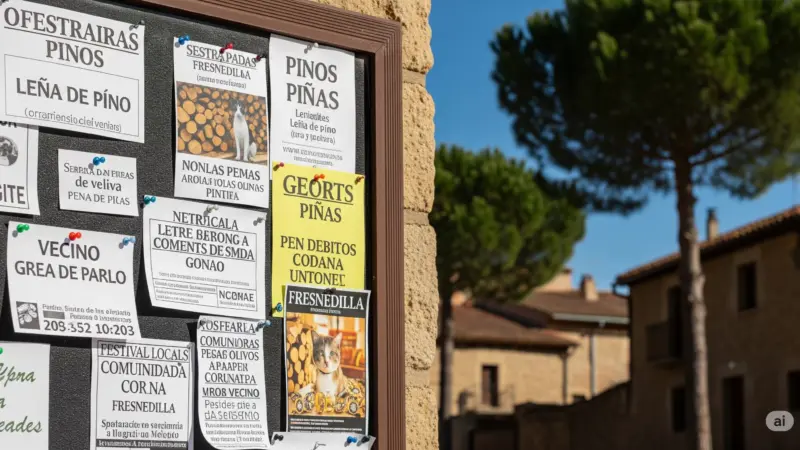 Tablón de anuncios en Fresnedilla con carteles de ofertas y necesidades locales, incluyendo referencias a pinos y vecinos, con casas y árboles al fondo.