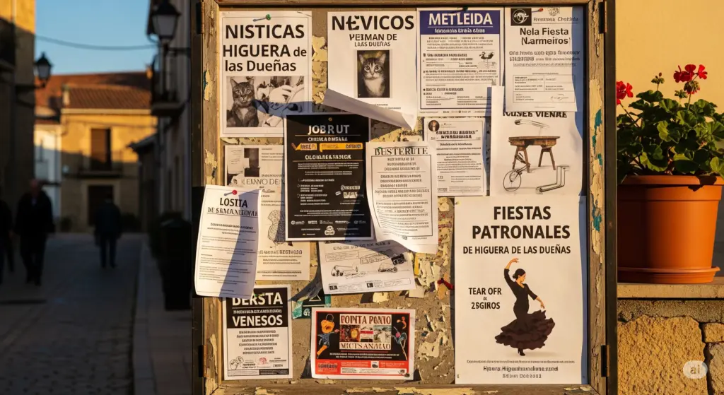 Tablón de anuncios con numerosos avisos de compra, venta y servicios en Higuera de las Dueñas, con carteles de fiestas y gatos perdidos, y una calle de pueblo al fondo.
