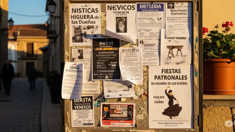 Tablón de anuncios con numerosos avisos de compra, venta y servicios en Higuera de las Dueñas, con carteles de fiestas y gatos perdidos, y una calle de pueblo al fondo.