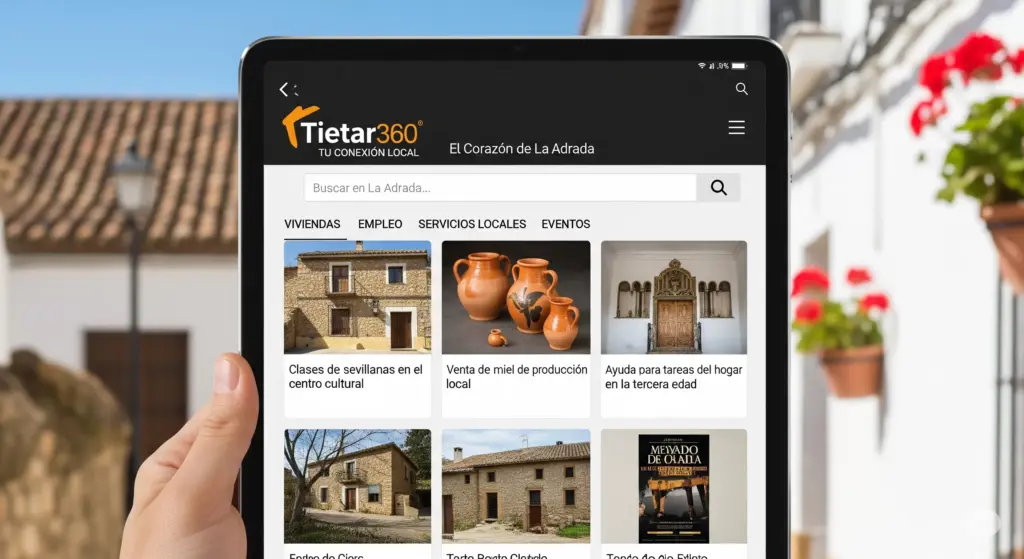 Persona sosteniendo una tableta que muestra la plataforma de anuncios clasificados Tietar360 para La Adrada, con listados de viviendas y servicios locales, y un pueblo español de fondo.