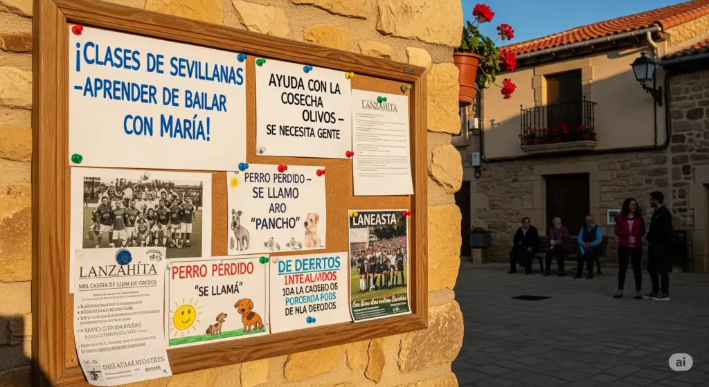 Tablón de anuncios en Lanzahíta con carteles sobre clases de baile, cosecha de olivos y perros perdidos, reflejando la calidez y las actividades del pueblo.