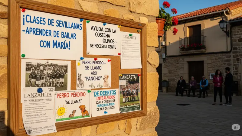 Tablón de anuncios en Lanzahíta con carteles sobre clases de baile, cosecha de olivos y perros perdidos, reflejando la calidez y las actividades del pueblo.