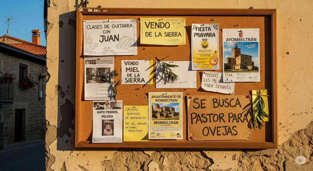 Tablón de anuncios en Mombeltrán con avisos de clases de guitarra, venta de miel y búsqueda de pastor, con el castillo de Mombeltrán en un cartel y un pueblo español de fondo.