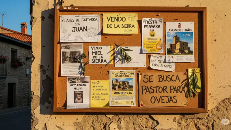 Tablón de anuncios en Mombeltrán con avisos de clases de guitarra, venta de miel y búsqueda de pastor, con el castillo de Mombeltrán en un cartel y un pueblo español de fondo.