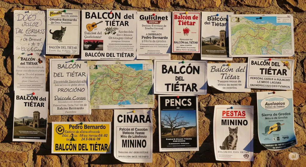 Tablón de anuncios en Pedro Bernardo, el 'Balcón del Tiétar', con varios carteles que mencionan el nombre del pueblo y muestran avisos locales, incluyendo mapas y eventos.