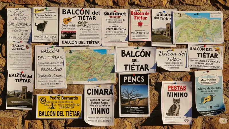 Tablón de anuncios en Pedro Bernardo, el 'Balcón del Tiétar', con varios carteles que mencionan el nombre del pueblo y muestran avisos locales, incluyendo mapas y eventos.