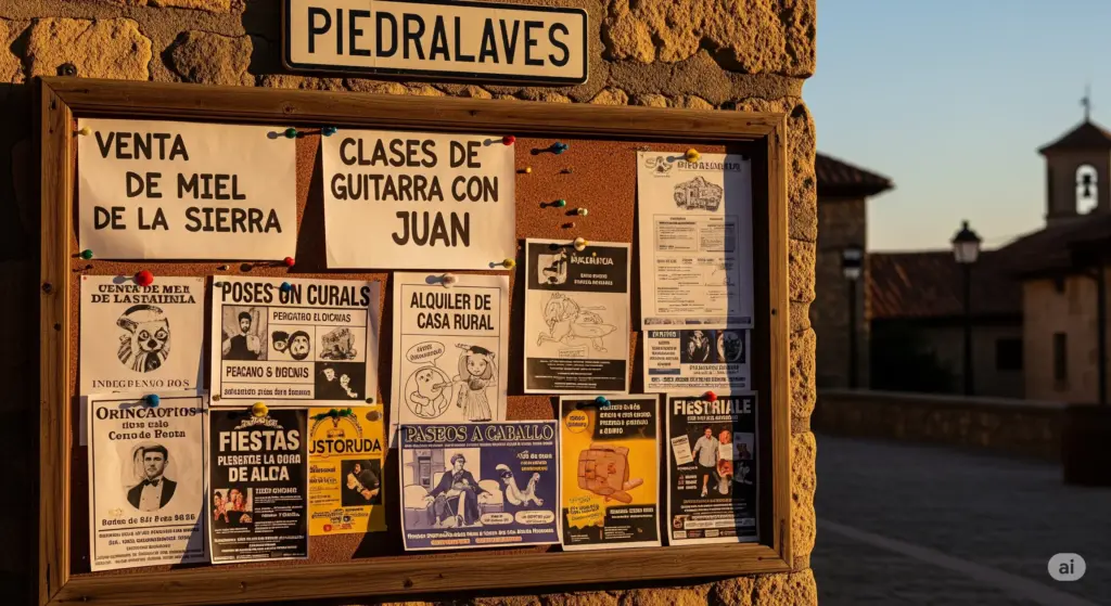 Tablón de anuncios en Piedralaves, con el letrero del pueblo en la parte superior, mostrando carteles de venta de miel, clases de guitarra y alquiler de casas rurales, con un campanario al fondo.