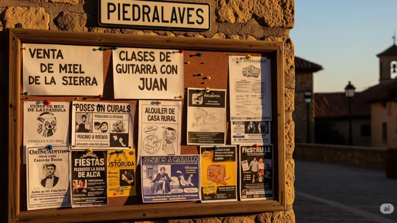 Tablón de anuncios en Piedralaves, con el letrero del pueblo en la parte superior, mostrando carteles de venta de miel, clases de guitarra y alquiler de casas rurales, con un campanario al fondo.