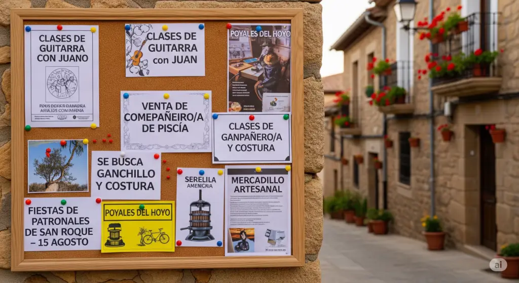 Tablón de anuncios en Poyales del Hoyo con carteles de clases de guitarra, venta de miel y fiestas patronales, mostrando la vida y ofertas locales del pueblo.