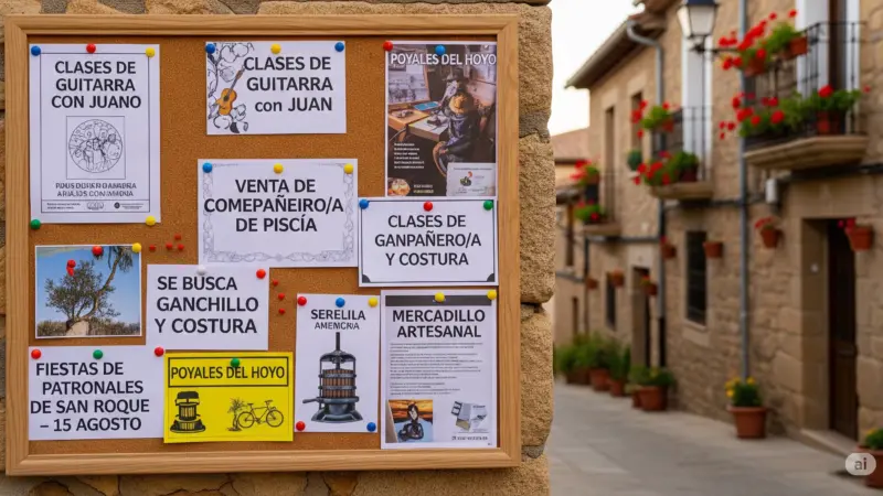Tablón de anuncios en Poyales del Hoyo con carteles de clases de guitarra, venta de miel y fiestas patronales, mostrando la vida y ofertas locales del pueblo.