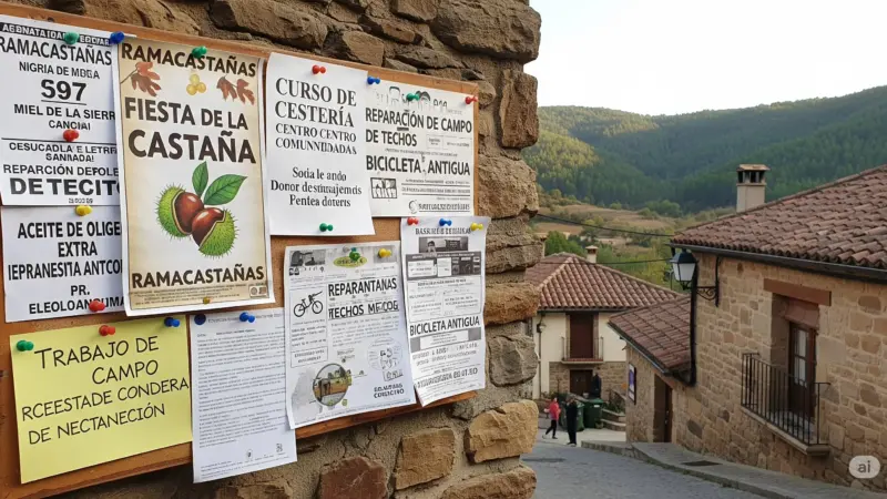 Tablón de anuncios en Ramacastañas, en la entrada de un valle, con carteles sobre la Fiesta de la Castaña, cursos y trabajos agrícolas, y casas de pueblo al fondo.