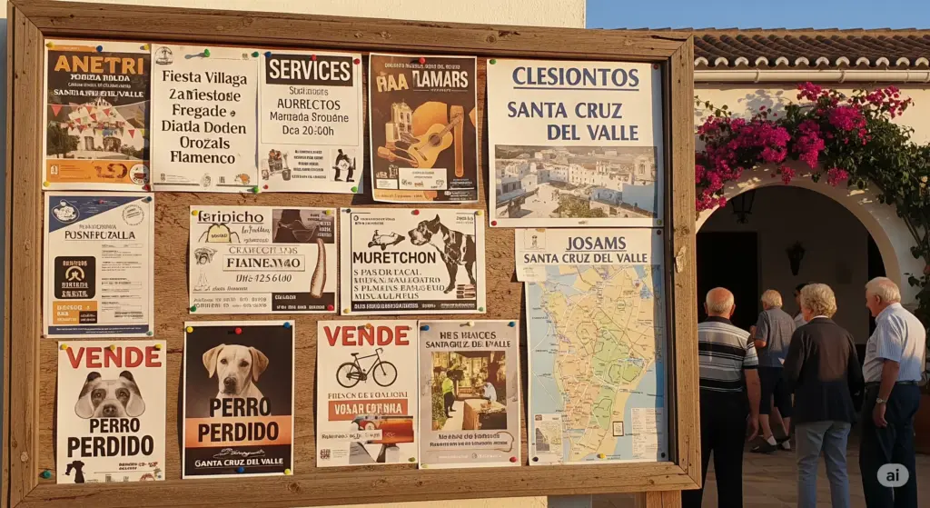 Tablón de anuncios en Santa Cruz del Valle con carteles de eventos, servicios locales y anuncios de perros perdidos, con personas observando y edificios del pueblo al fondo.