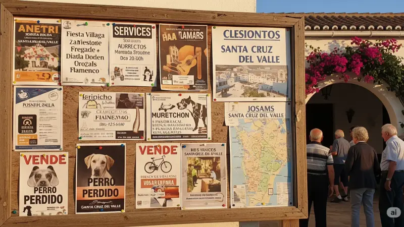 Tablón de anuncios en Santa Cruz del Valle con carteles de eventos, servicios locales y anuncios de perros perdidos, con personas observando y edificios del pueblo al fondo.
