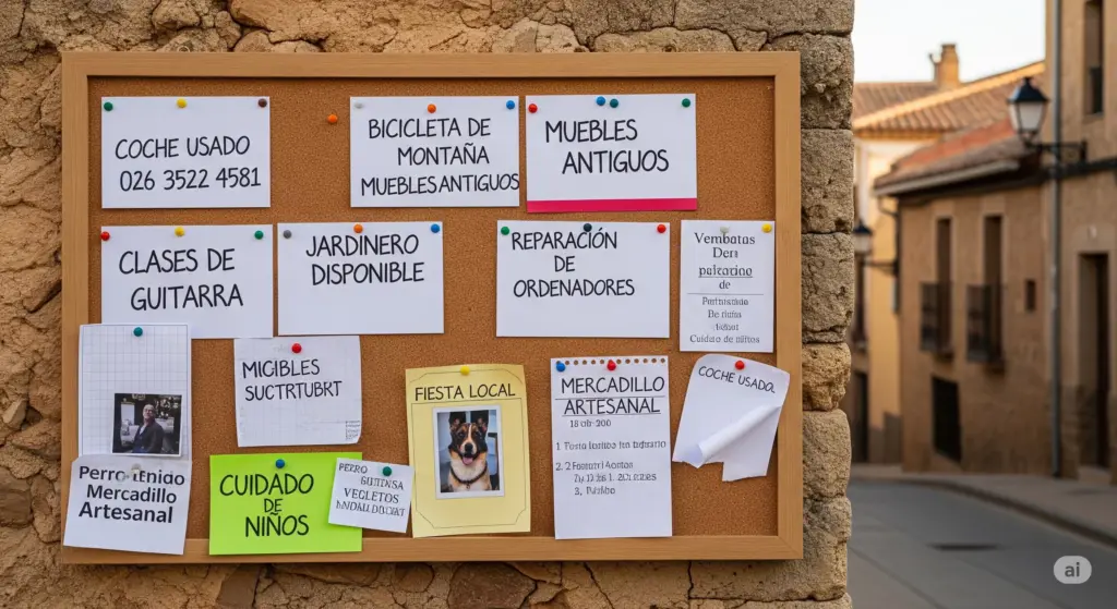 Tablón de anuncios en Santa María del Tiétar con avisos de venta de coche, bicicleta, muebles, clases y servicios, reflejando la actividad comercial local y la simplicidad.