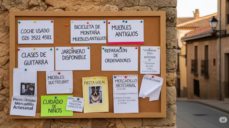Tablón de anuncios en Santa María del Tiétar con avisos de venta de coche, bicicleta, muebles, clases y servicios, reflejando la actividad comercial local y la simplicidad.