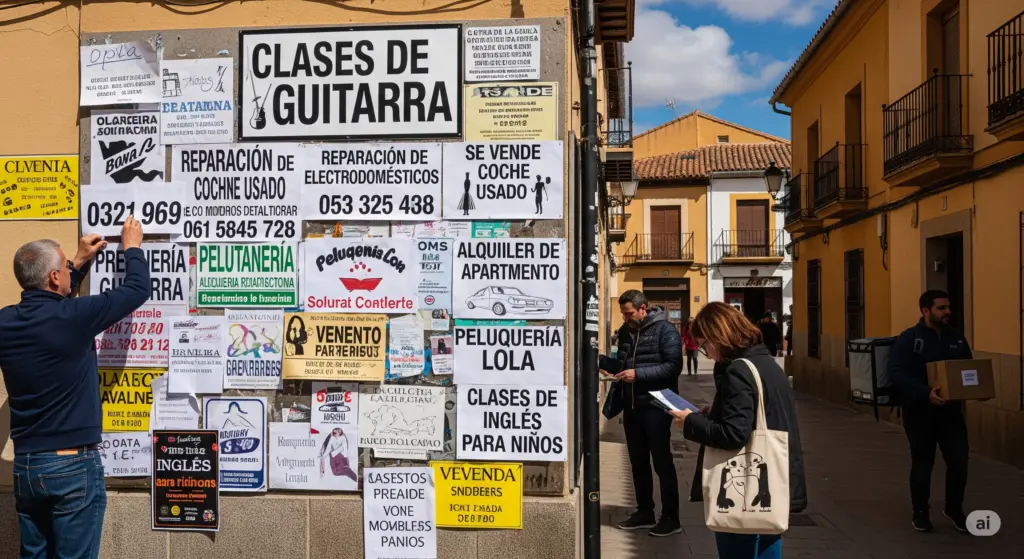 Tablón de anuncios en Sotillo de la Adrada con múltiples avisos de negocios y servicios locales, como clases de guitarra y reparación de electrodomésticos, con personas en la calle del pueblo.