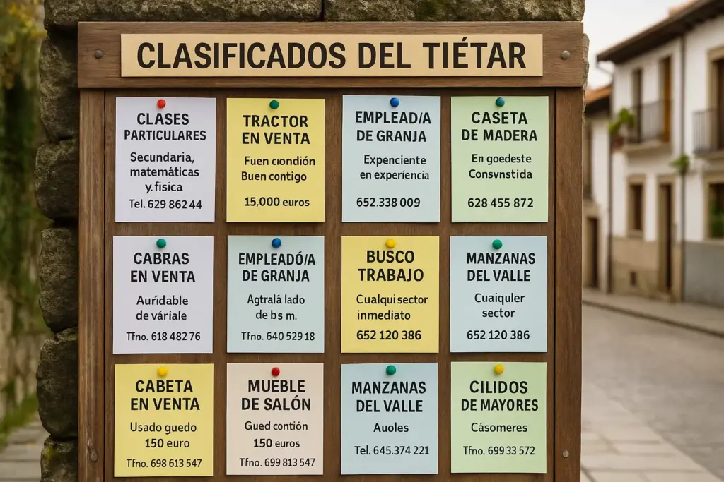Tablón de anuncios de un pueblo del Valle del Tiétar con papeles colgados representando ofertas y servicios de diferentes localidades rurales, rodeado de naturaleza y casas tradicionales.