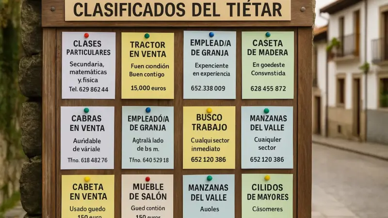 Tablón de anuncios de un pueblo del Valle del Tiétar con papeles colgados representando ofertas y servicios de diferentes localidades rurales, rodeado de naturaleza y casas tradicionales.