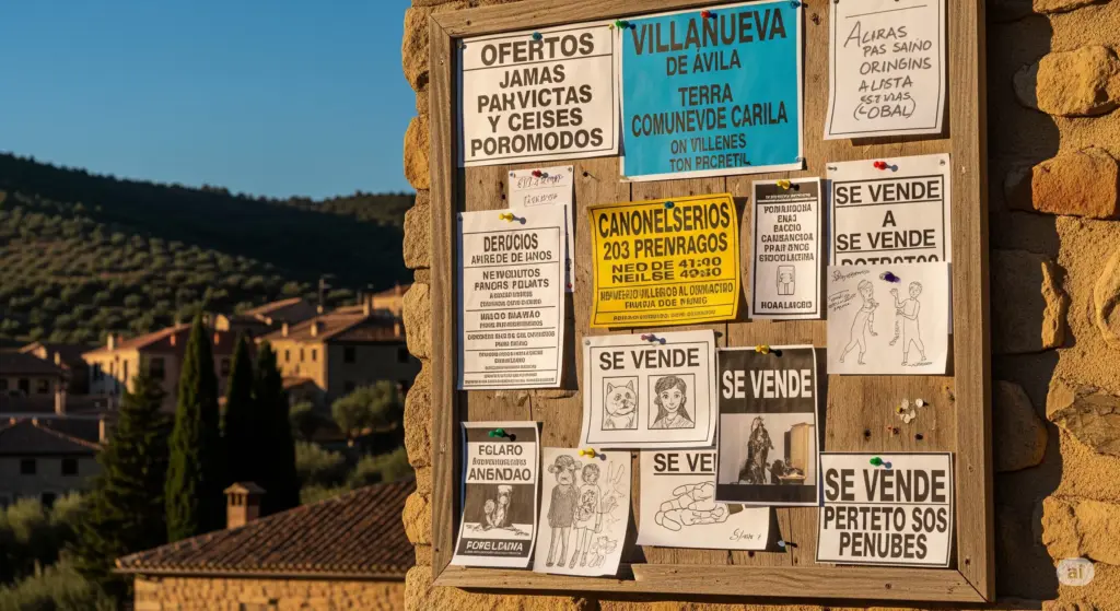 Tablón de anuncios en Villanueva de Ávila con diversos avisos de ofertas, ventas y comunicados locales, y el pueblo en el valle al fondo.