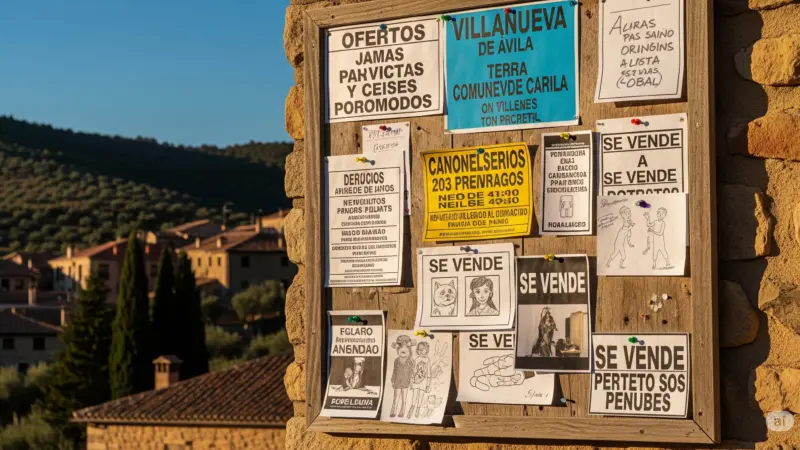 Tablón de anuncios en Villanueva de Ávila con diversos avisos de ofertas, ventas y comunicados locales, y el pueblo en el valle al fondo.