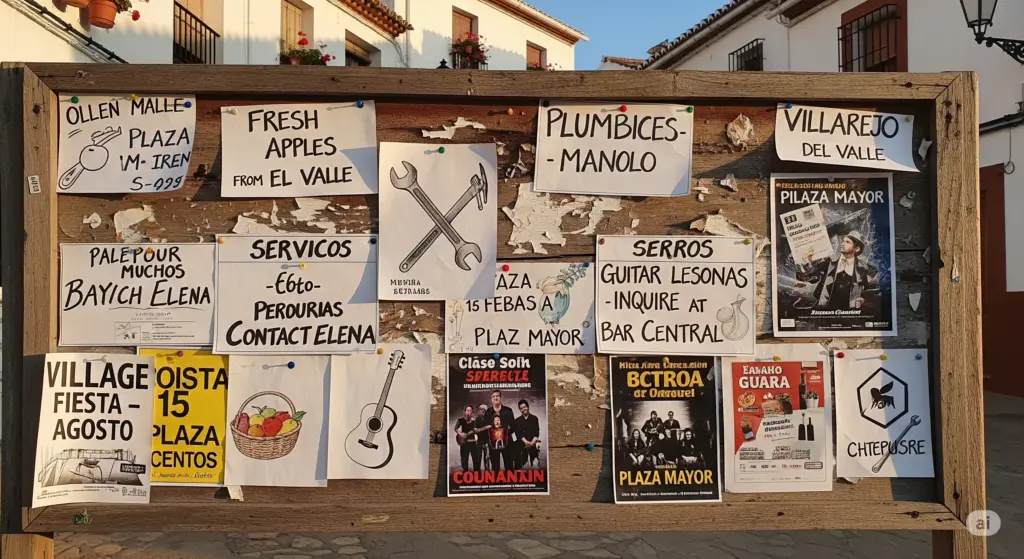 Tablón de anuncios en Villarejo del Valle con avisos de venta de manzanas, servicios de fontanería y clases de guitarra, y posters de fiestas locales, reflejando la vida del pueblo.