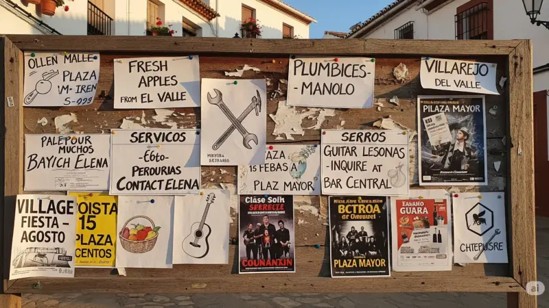 Tablón de anuncios en Villarejo del Valle con avisos de venta de manzanas, servicios de fontanería y clases de guitarra, y posters de fiestas locales, reflejando la vida del pueblo.