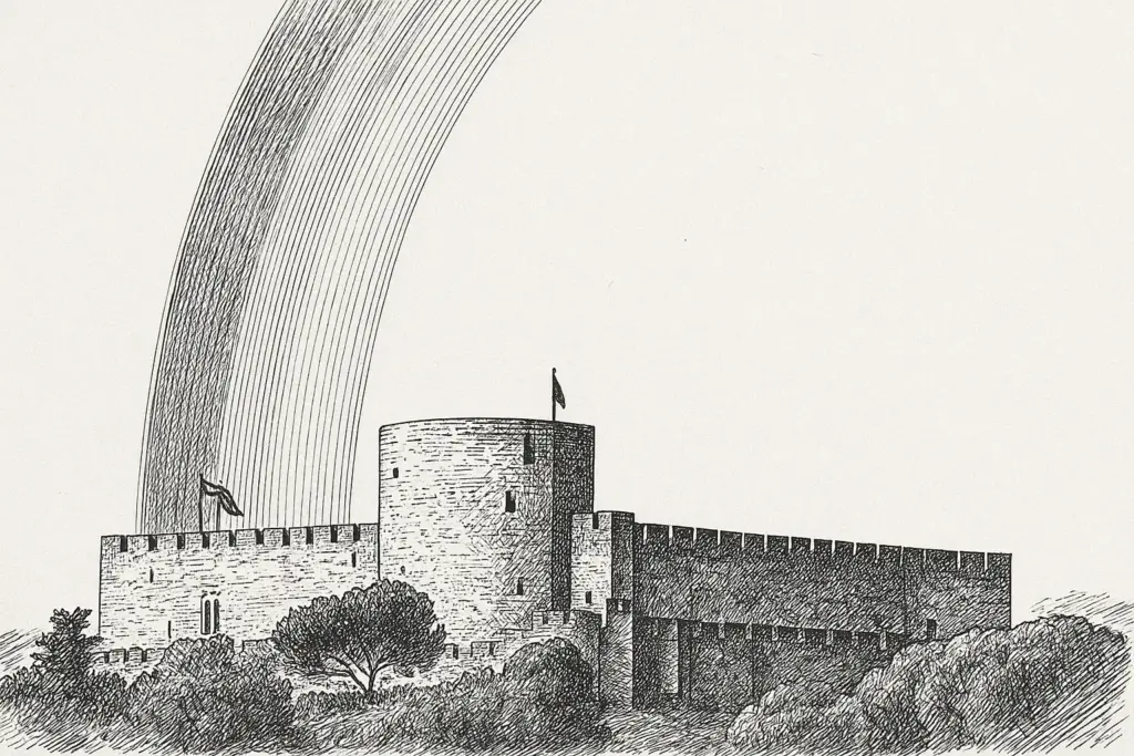 Ilustración en blanco y negro del Castillo de La Adrada bajo un arcoíris, realizada con estilo de plumilla y sombreado a tinta.
