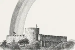 Ilustración en blanco y negro del Castillo de La Adrada bajo un arcoíris, realizada con estilo de plumilla y sombreado a tinta.