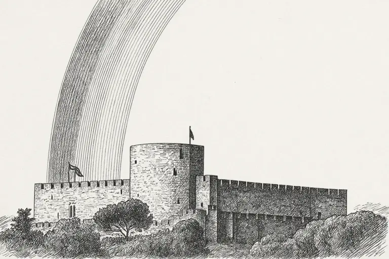 Ilustración en blanco y negro del Castillo de La Adrada bajo un arcoíris, realizada con estilo de plumilla y sombreado a tinta.