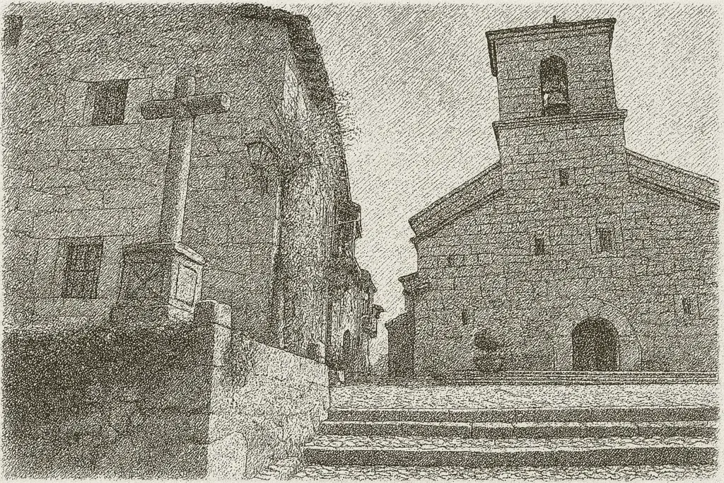 Ilustración en blanco y negro de estilo plumilla de la iglesia de Piedralaves, con su torre campanario y una cruz de piedra en primer plano, rodeada de casas tradicionales y calle empedrada.