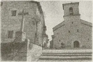 Ilustración en blanco y negro de estilo plumilla de la iglesia de Piedralaves, con su torre campanario y una cruz de piedra en primer plano, rodeada de casas tradicionales y calle empedrada.